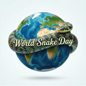 Snake wrapped around planet Earth for World Snake Day. Conceptual illustration celebrating reptile awareness and wildlife conservation. Global environmental protection and nature concept.
