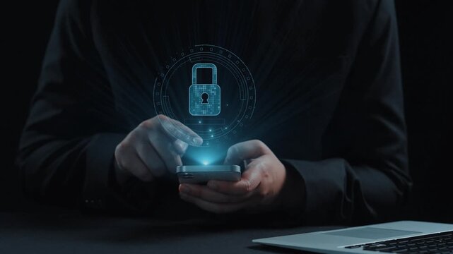A person interacts with a smartphone displaying a digital lock and cybersecurity interface that symbolizes the importance of data protection and privacy in the modern world. Qubit