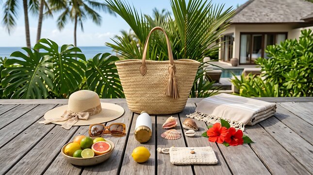 Luxury summer vacation still life with straw bag and beach items