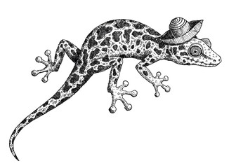 Fototapeta premium Cartoon gecko lizard wearing a cowboy hat and standing on four legs
