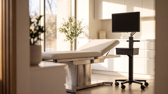 Modern Clinic Interior with Examination Table and Equipment