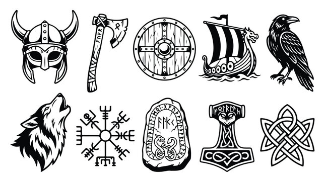 Viking mythology icons set, 10 black and white nordic vector elements. Norse warrior symbols including drakkar ship, thor hammer, raven and wolf.