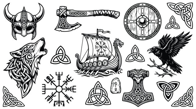 Viking mythology vector set, Norse warrior symbols with drakkar ship and wolf. Celtic knot ornaments and pagan icons. Black and white tribal tattoo elements.