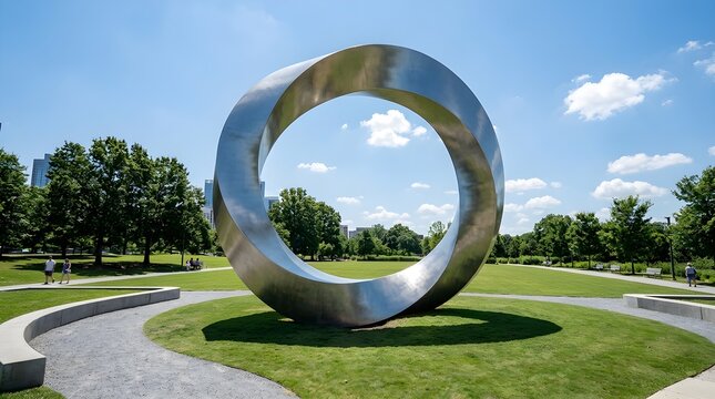 Expansive Outdoor Sculpture With Infinite Loop Design Stands Tall Amidst Lush Green Park Landscape Under Sunny Skies Offering A Captivating View Of Modern Artistic Expression And Public Space