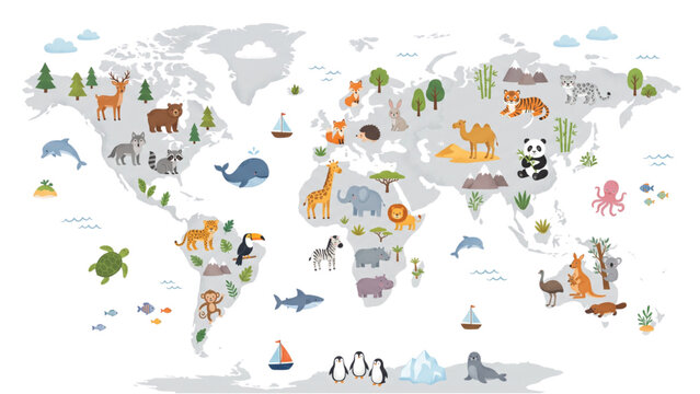 World map illustrated with various animals from around the globe, educational and colorful