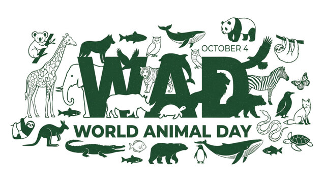 A fun illustration for World Animal Day on October 4th, featuring various animals surrounding the text. It showcases a diverse range of creatures from elephants and giraffes to pandas and penguins.