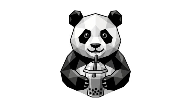 A polygon art panda holding a bubble tea with a straw, it is cute and has a sweet expression