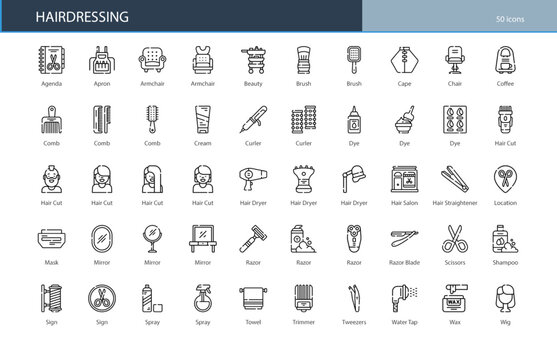 Hairdressing Salon Hair Beauty Styling Icon Set
