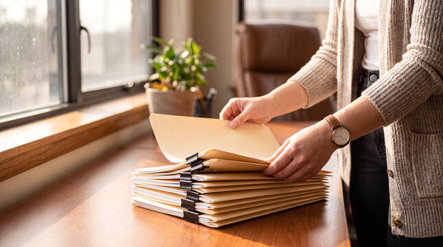 Businesswoman organizing a stack of files in an office