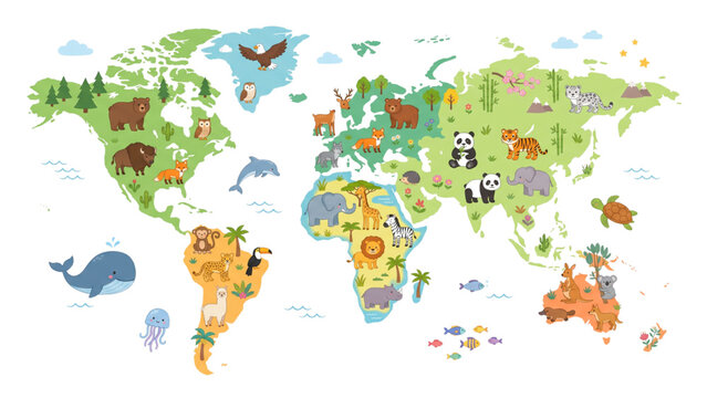 A stylized world map illustrating diverse animals in their respective continents. Forests, jungles, deserts, and oceans are depicted with cartoonish charm