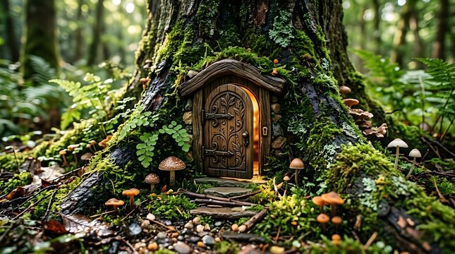 Enchanting tiny wooden door seamlessly integrated into the base of a moss covered ancient tree trunk in a lush sunlit forest with ferns and small mushrooms growing around it creating a magical