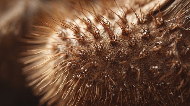 Dried burdock burr hooked spines close up