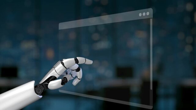 A robotic hand points to a digital screen featuring a software update, illustrating the intersection of robotics and technology in modern software development processes. Synapse