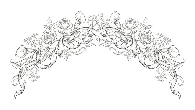 An elegant floral flourish with roses and calla lilies, accented with swirling ribbons and leaves, suitable for decorative design.