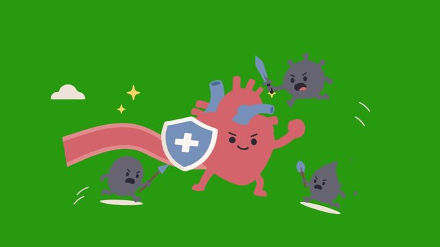 Human Heart Fighting Carditis Hypertension and Fat Attack on Green Background