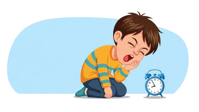 A boy with a toothache, holding his jaw, with an alarm clock beside him, indicating a dental emergency or discomfort