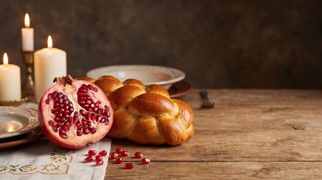 Shabbat Table Setting with Challah Bread Pomegranate and Candles