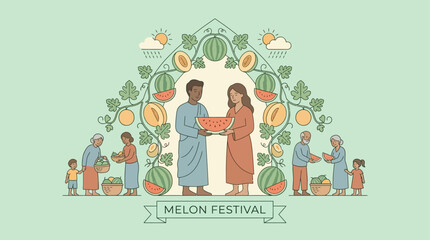 Fototapeta premium Happy Family Celebration with Tropical Leaves and Melon Decorations in Flat Design Illustration
