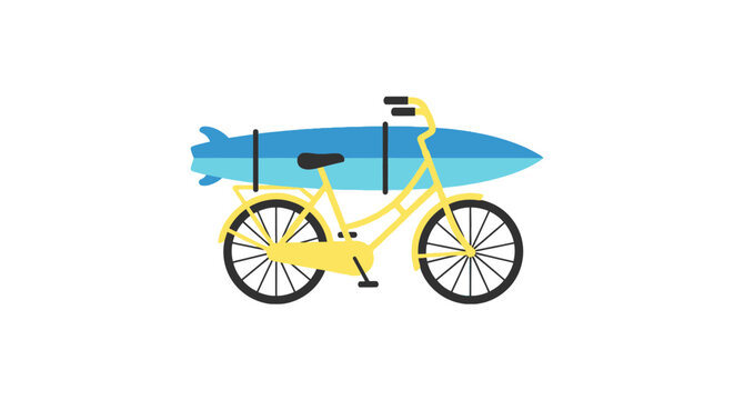 Beach cruiser bicycle with blue surfboard on side rack