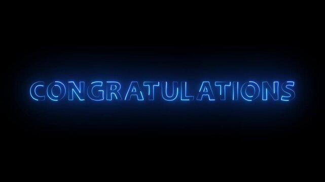 Glowing neon congratulations text on black background. Animated congratulations text with elegant neon light effect and glowing on dark background.