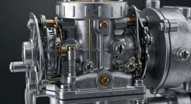 Detailed close-up of a shiny metal motorcycle carburetor engine part.
