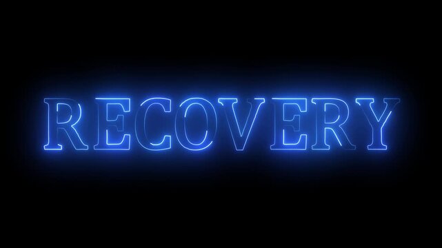 Animated glowing flickering neon text inscription recovery on dark background.