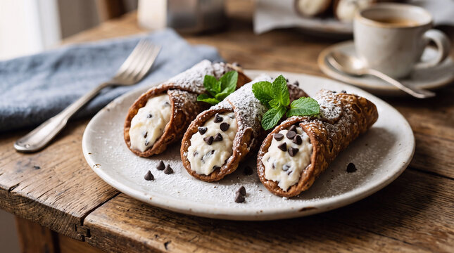 Fresh Italian cannoli. Sweet ricotta pastry. Traditional dessert on a plate.