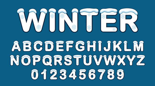 Winter Alphabet and Numbers with Snowflakes and Snow Caps