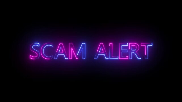 flickering neon inscription scam alert.security and data breach alert, hack and malware detected concept, cyber security and awareness on dark background.