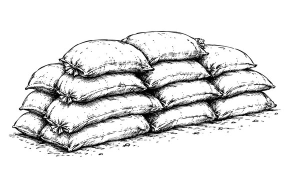 Vintage engraved illustration of stacked sandbags arranged as a protective barrier, ideal for military, construction, flood control, and defense concepts.