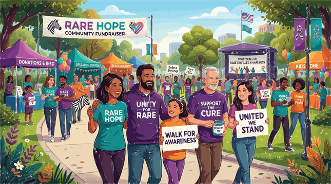 Diverse Community Members Participating in an Outdoor Charity Walk for Medical Research Awareness and Collective Support