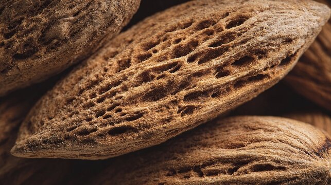 Dried almond shell pitted surface close up