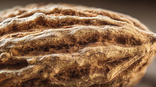 Dried almond shell pitted surface close up