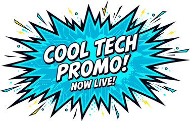 Naklejka premium Comic book style cool tech promo burst, blue pop art explosion with tech circuit patterns, promotional marketing vector for electronics sales