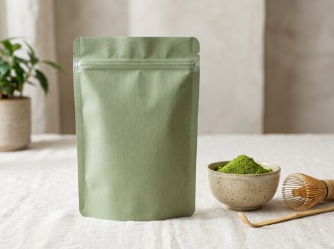 A green stand-up pouch, perfect for branding, holds matcha tea powder.