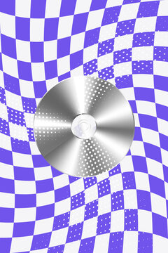 Retro Y2K aesthetic background with metallic CD compact disc and distorted checkerboard pattern, halftone vector poster.