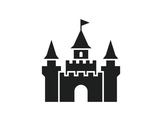 Fototapeta premium Stylized black silhouette icon of a classic fantasy castle featuring turrets, battlements, and a flag on the main spire.