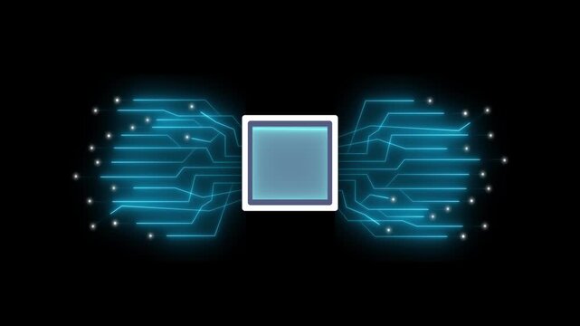 Circuit board cpu microchip digital animation with blue electronic paths glowing on black background representing high speed data processing and futuristic tech connectivity.