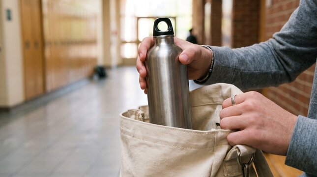 Close-up of a person's hands holding a metallic silver water bottle and tucking it into a canvas backpack inside a bright school hallway. Student, bag