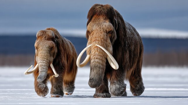 Woolly Mammoths in Icy Landscape: Two woolly mammoths, a large adult and a younger one, traverse a vast, snow-covered landscape under a pale sky.