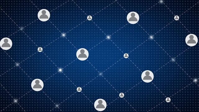 Social network connection concept loop with user icons and digital lines moving across blue background representing online community structure and global telecommunication data.