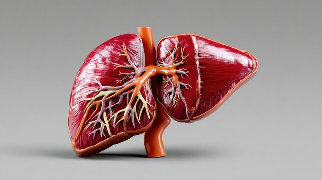 Human Liver Anatomy: A detailed anatomical model of the human liver, showcasing its intricate vascular network and lobular structure against a neutral backdrop.
