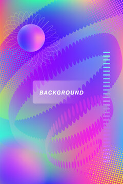 Abstract holographic fluid gradient background with 3D morphing shapes and spirograph ring, modern Y2K poster template.