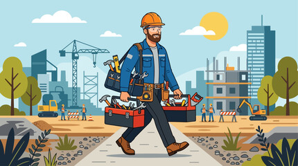 Fototapeta premium Laborer walks on site on Labor Day with vector tools and equipment