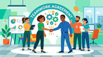 Obraz premium Vector illustration of teamwork handshake on Labor Day agreement celebration