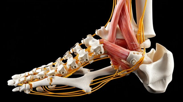 Anatomy of the Human Foot: A detailed anatomical illustration showcases the complex structure of the human foot, highlighting bones, tendons, and nerves with striking clarity.