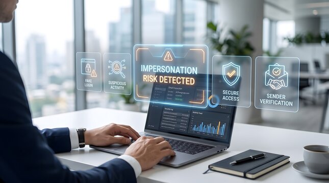 Corporate cybersecurity threat detection dashboard showing email impersonation warning and sender verification alert on laptop