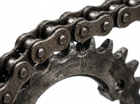 A detailed close-up shot of a weathered and rusty metal bicycle chain engaged with a matching sprocket, set against a clean white background, highlighting the texture and wear.