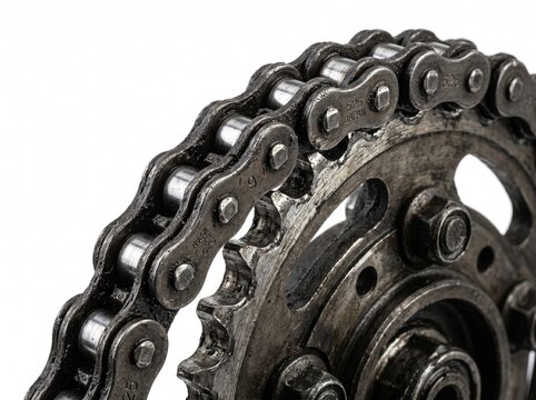 A detailed close-up shot of a grimy motorcycle chain and its corresponding sprocket, highlighting the wear and tear on the metal components, isolated against a clean white background.