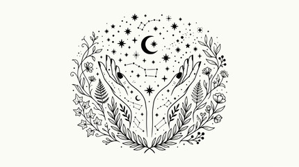 Mystical hands holding celestial stars, crescent moon, constellations, and botanical elements © illustration